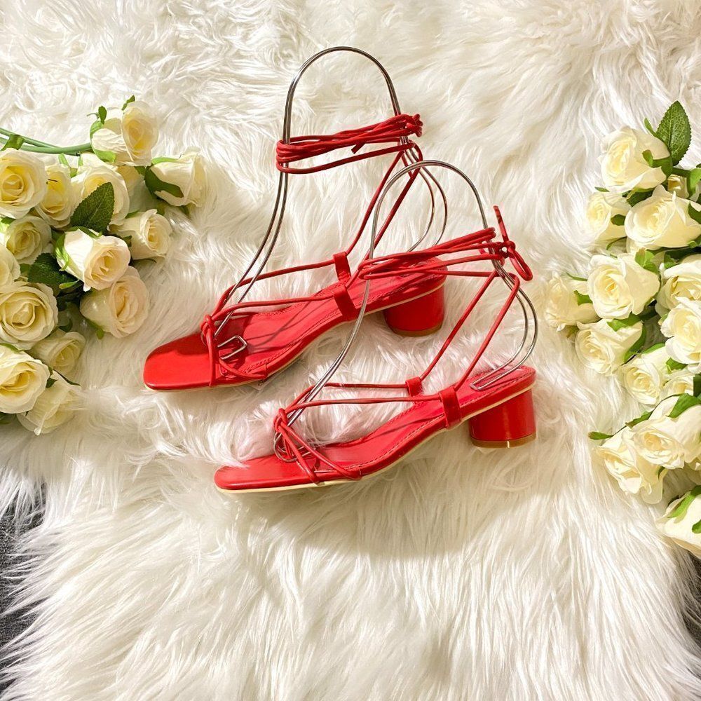 ZARA RED LOW HEEL STRAPS SANDALS - Picture 3 of 9
